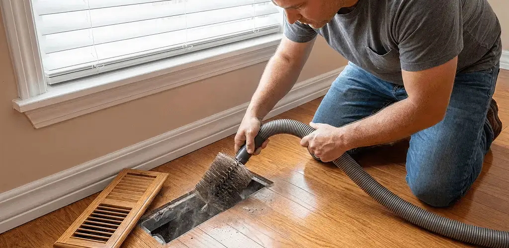 Air duct cleaning technician vacuuming a floor vent and duct opening in Peoria, IL