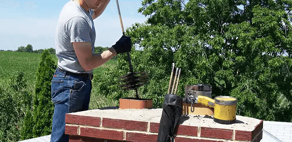 Chimney cleaning technician working on a rooftop chimney with professional tools in Peoria, IL