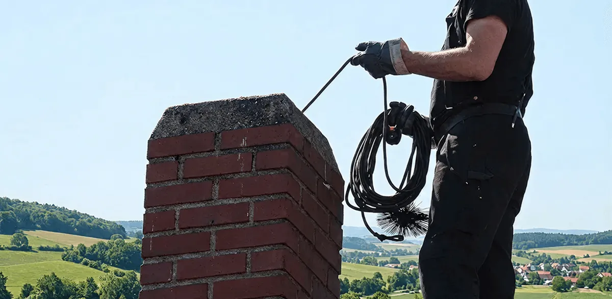 Chimney sweep inspecting and cleaning a rooftop chimney in Peoria, IL