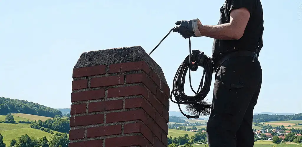 Chimney sweep inspecting and cleaning a rooftop chimney in Peoria, IL