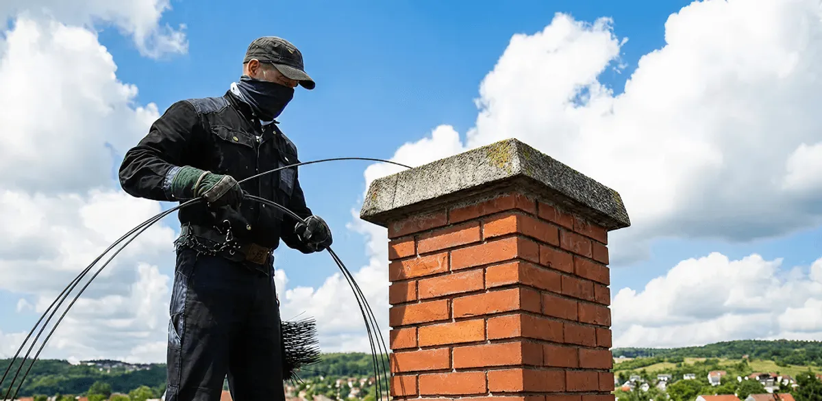 Chimney sweep cleaning a brick chimney with professional tools in Peoria, IL