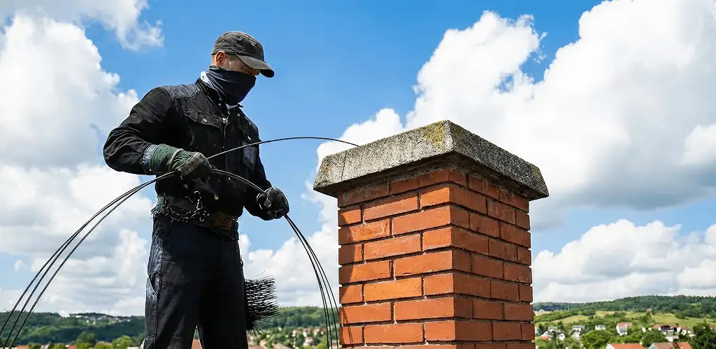 Chimney sweep cleaning a brick chimney with professional tools in Peoria, IL