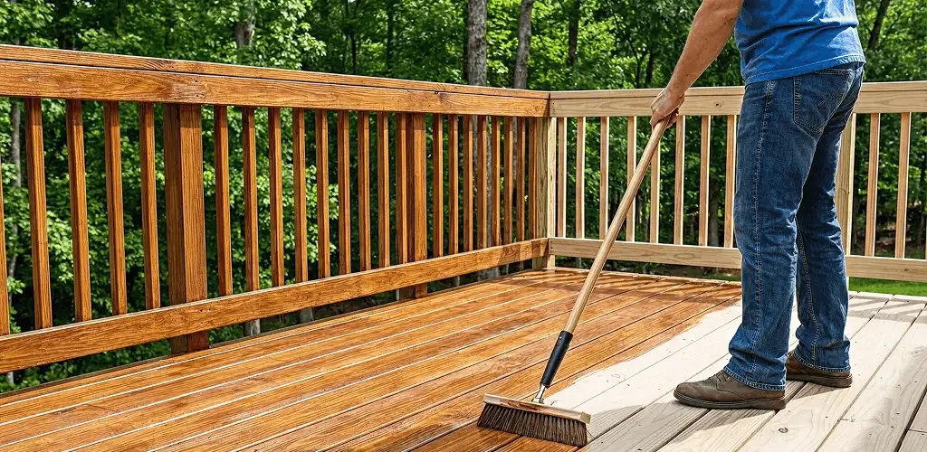 Deck staining and sealing application on a wood deck in Peoria, IL