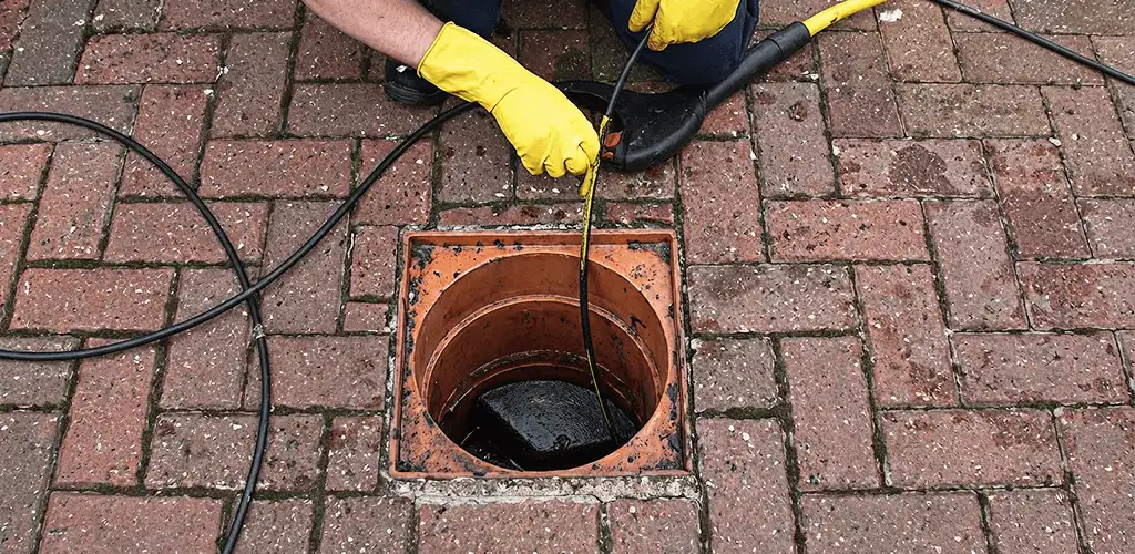 Drain cleaning technician using a drain snake to clear a clogged drain in Peoria, IL
