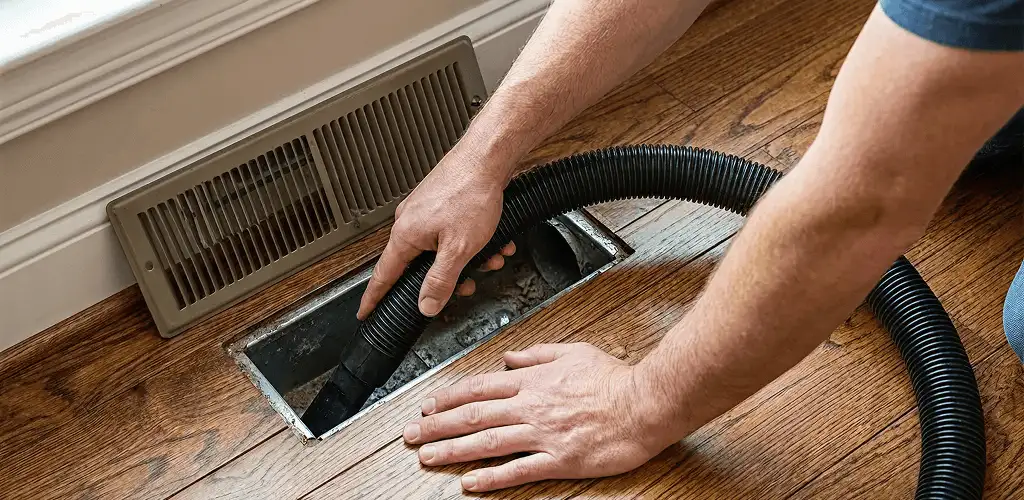 Air duct cleaning technician vacuuming a floor register and duct opening in Peoria, IL
