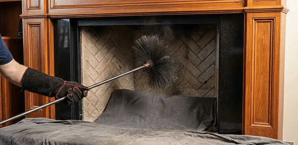Chimney cleaning service brushing soot from a fireplace and flue in Peoria, IL