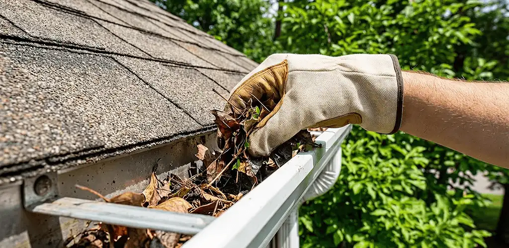 Gutter cleaning removing leaves and debris from roof gutters in Peoria, IL