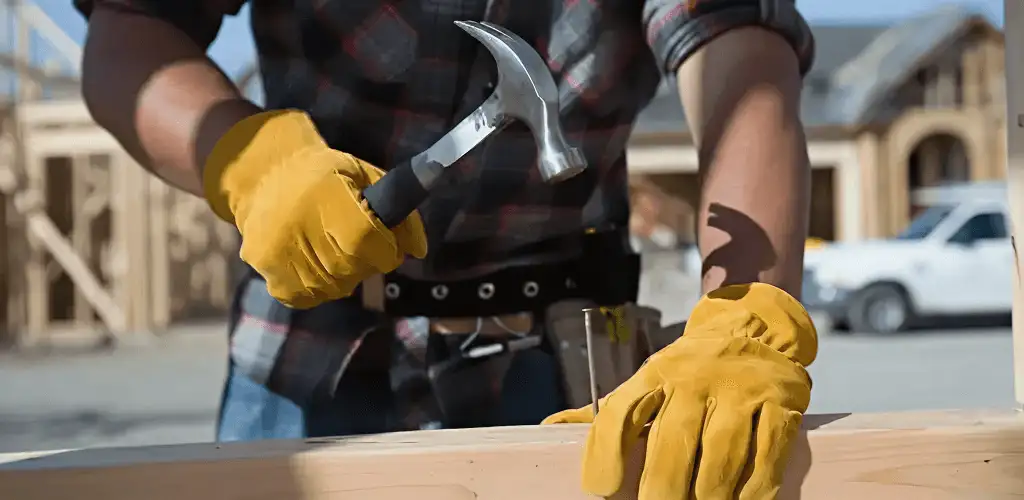 Handyman fixing wood trim with a hammer for home repairs in Peoria, IL