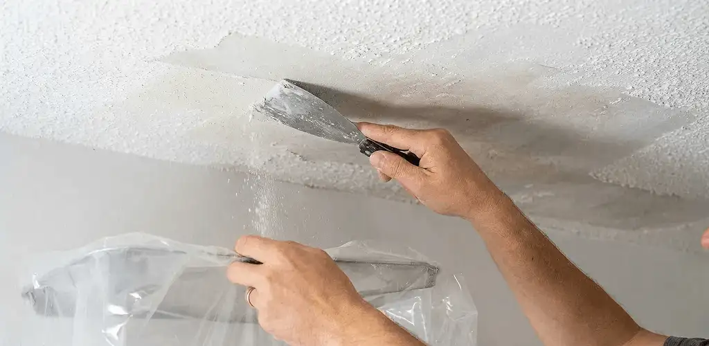 Popcorn ceiling removal technician scraping texture from a ceiling in Peoria, IL