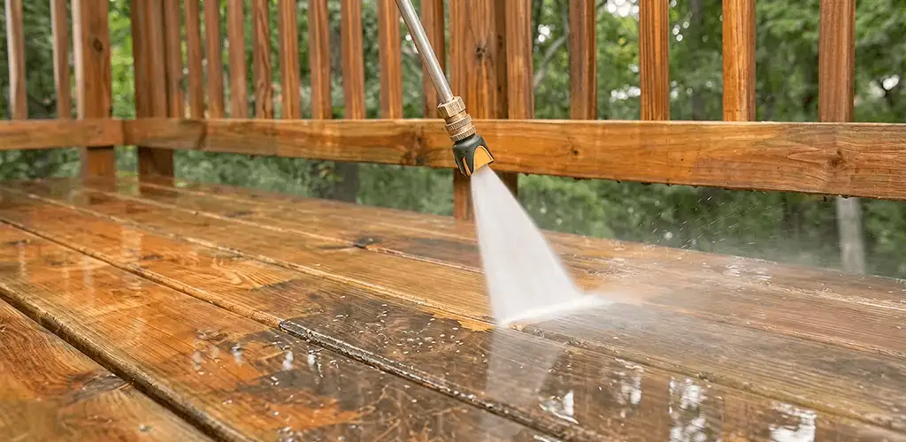 Pressure washing a wood deck to remove dirt and buildup in Peoria, IL