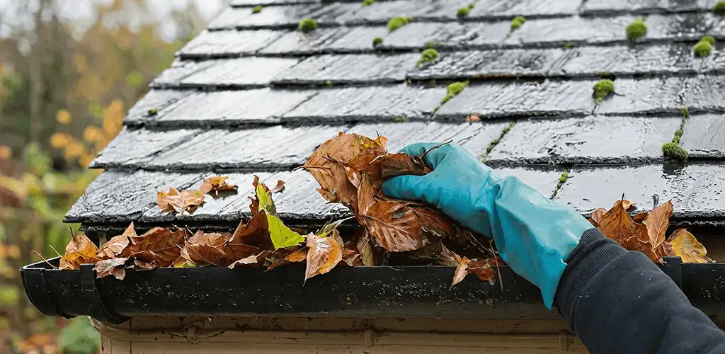 Gutter cleaning technician clearing wet leaves from roof gutters in Peoria, IL