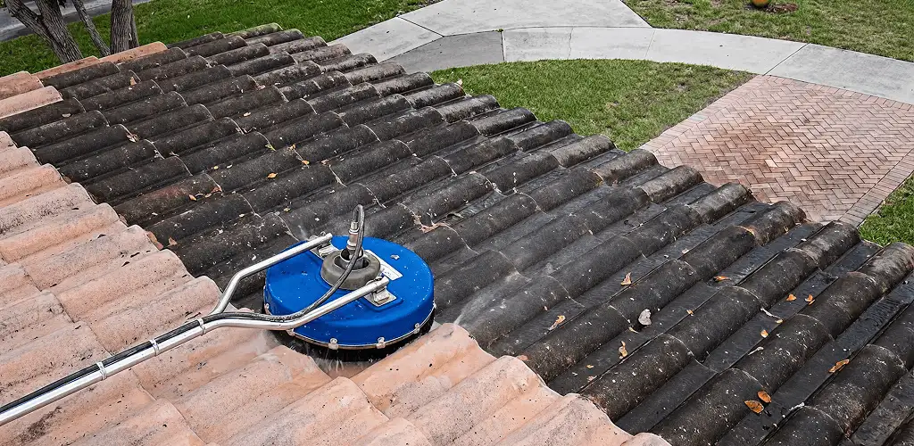 Roof pressure cleaning removing debris and buildup from roof tiles in Peoria, IL