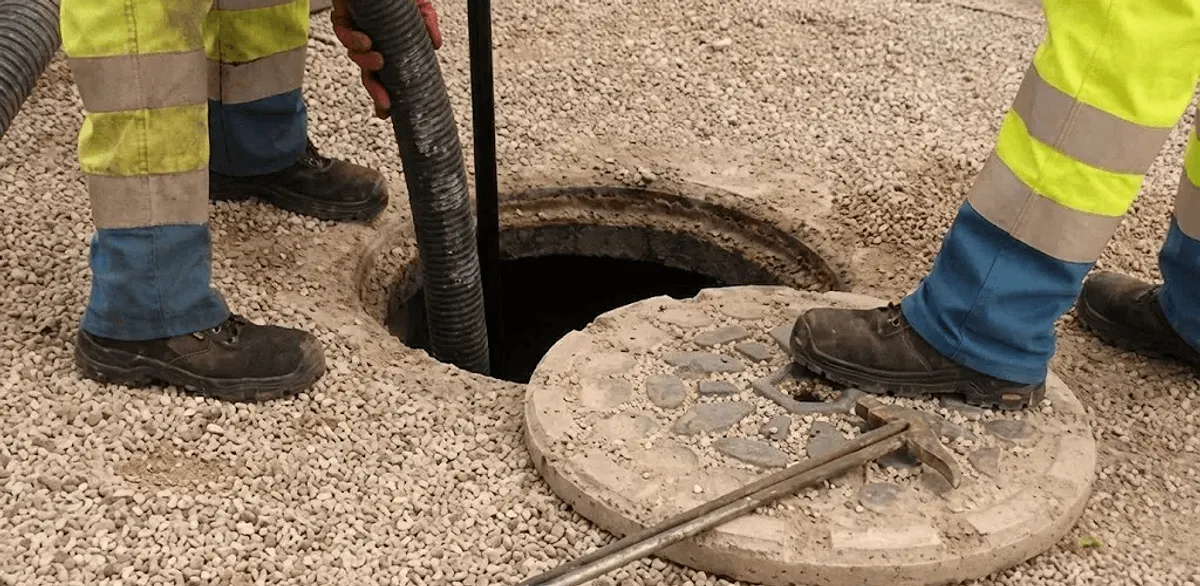 Drain cleaning crew clearing a sewer access point with professional equipment in Peoria, IL