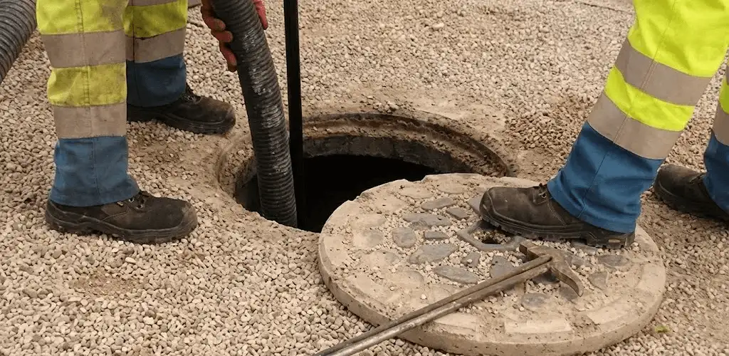 Drain cleaning crew clearing a sewer access point with professional equipment in Peoria, IL
