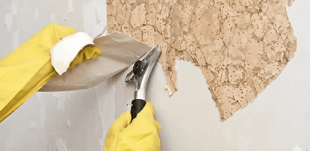 Wallpaper removal service stripping old wallpaper from a wall in Peoria, IL