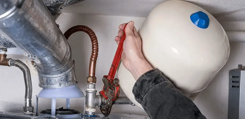 Water heater repair technician tightening plumbing connections near a tank unit in Peoria, IL